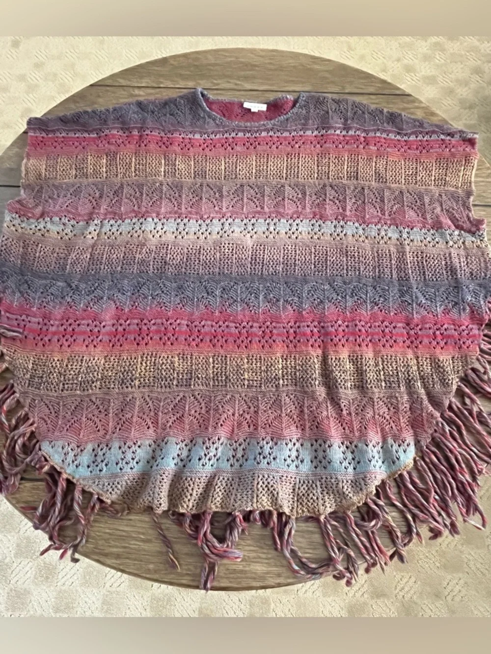 Adore Multicolor Knit Fringe Poncho Sweater Striped Pullover Women L Boho - Picture 3 of 3